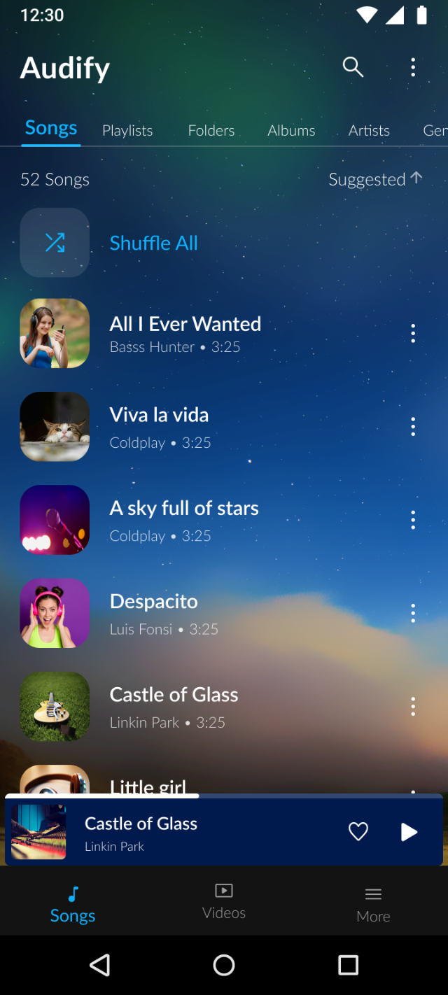 Audify Music Player library on Android: Songs, Playlists, Folders, Albums and Artists tabs with Shuffle All and a mini player