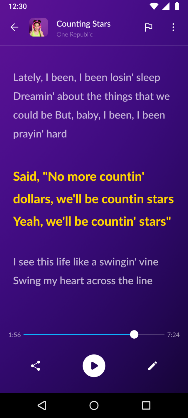 Audify lyrics screen showing lyrics for the playing song