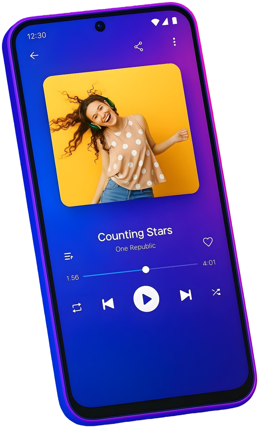 Audify Music Player en Android: pantalla de reproducción con carátula, barra de progreso y controles de aleatorio y repetición