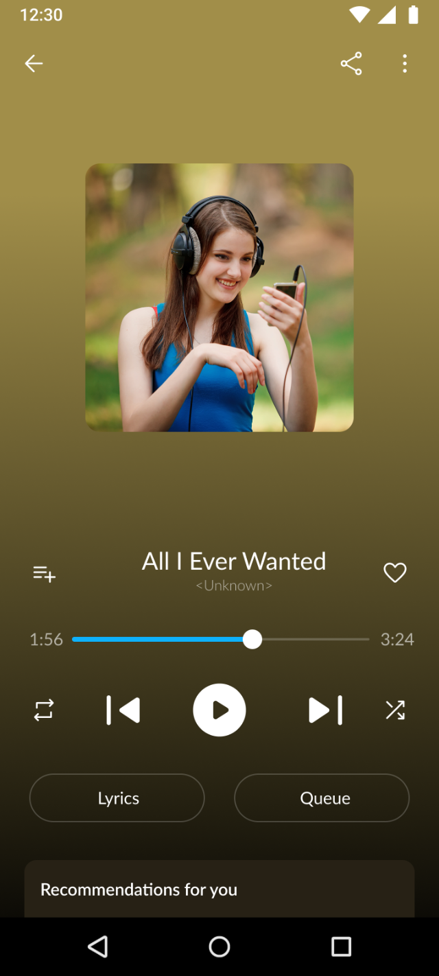 Audify Now Playing screen with album art, seek bar, playback controls and Lyrics and Queue buttons