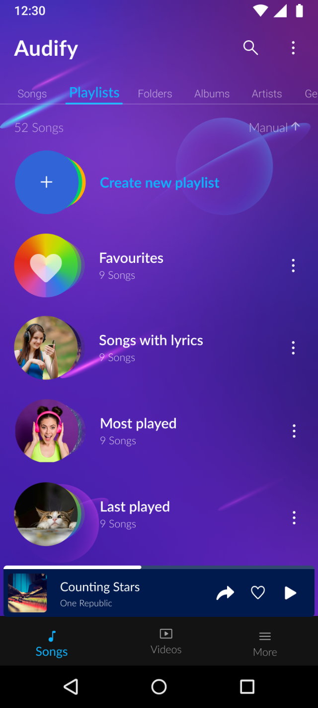 Audify Playlists tab: Create new playlist, Favourites, Songs with lyrics, Most played and Last played