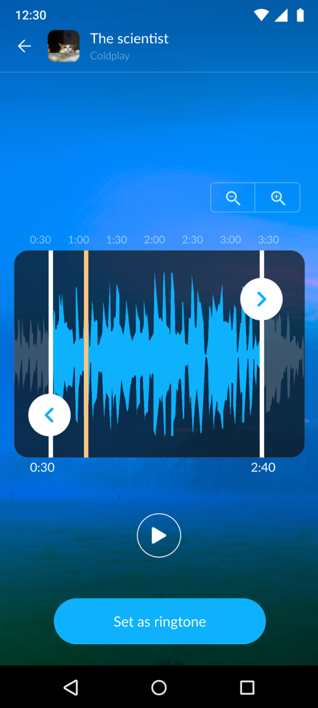 Audify ringtone cutter: song waveform with trim handles and a Set as ringtone button