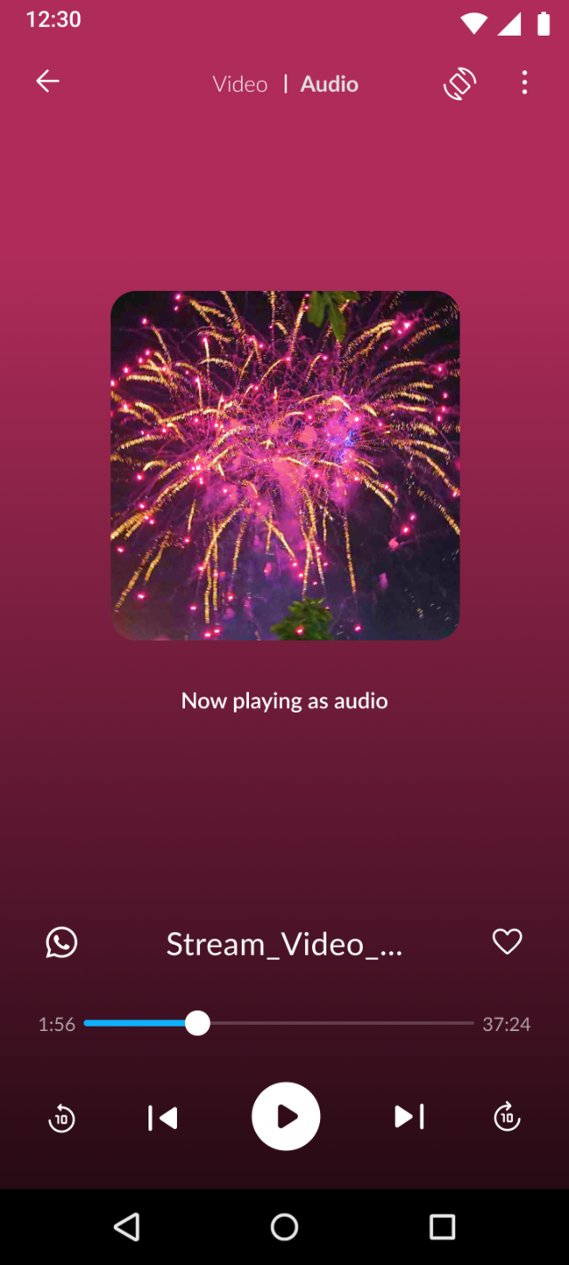 Audify video player switched to audio-only mode, showing Now playing as audio